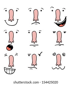 Set of  cartoon faces with a big nose and different expressions 