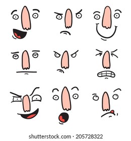 Set of cartoon faces with a big nose and different expressions