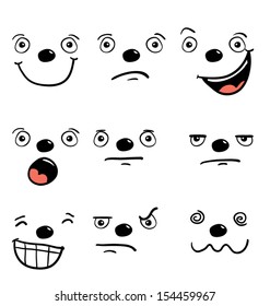 Set of cartoon faces with black dog nose and different expressions