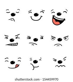 Set of cartoon faces with black dog nose and different expressions