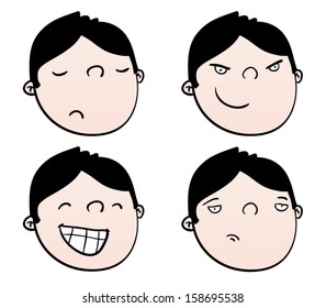 Set of cartoon faces of a boy with different expressions