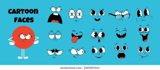 Um conjunto de desenhos animados enfrenta diferentes emoções: triste, rindo, feliz, surpreso, sorrindo, interessado e usando óculos. Ilustração vetorial dos rostos dos personagens do mascote retrô.