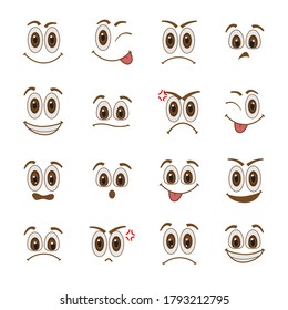 Set of cartoon faces. Different expressions. Expressive eyes and mouth. Happy, sad, angry, surprised faces. Caricature comic emotions or emoticon doodle. Vector Illustrations icons set.