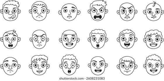 a set of cartoon faces with different expressions, vector illustration for character design in line art style