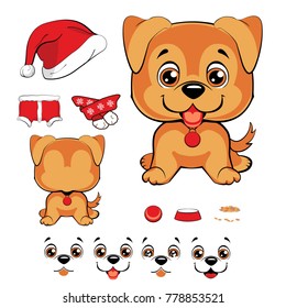 Set of cartoon faces dog and different expressions, red ball, bowl, fodder, red cap with white pompon, red scarf with white pom-poms and white snowflake pattern, red jacket with a white collar. 