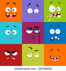 Set of cartoon faces with expression of emotions. Set of nine bright emotional avatars.