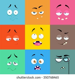 Set Of Cartoon Faces With Expression Of Emotions. Set Of Nine Bright Emotional Avatars.