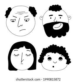conjunto de caras de dibujos animados. Carácter humano gracioso. Icono de persona responsable