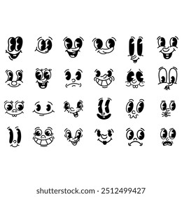 Set of cartoon faces, funny characters. Old style animation eyes, mouth. Cartoon eyes. Comic style faces. Vector illustration