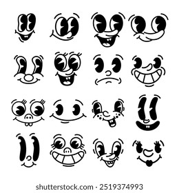 Set of cartoon faces, funny characters. Old style animation eyes, mouth. Cartoon eyes. Comic style faces. Vector illustration