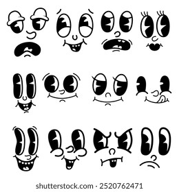 Conjunto de rostos de desenhos animados, personagens engraçados. Olhos de animação de estilo antigo, boca. Olhos de desenhos animados. Faces em estilo cômico. Ilustração vetorial