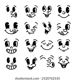 Set of cartoon faces, funny characters. Old style animation eyes, mouth. Cartoon eyes. Comic style faces. Vector illustration