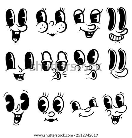 Set of cartoon faces, funny characters. Old style animation eyes, mouth. Cartoon eyes. Comic style faces. Vector illustration