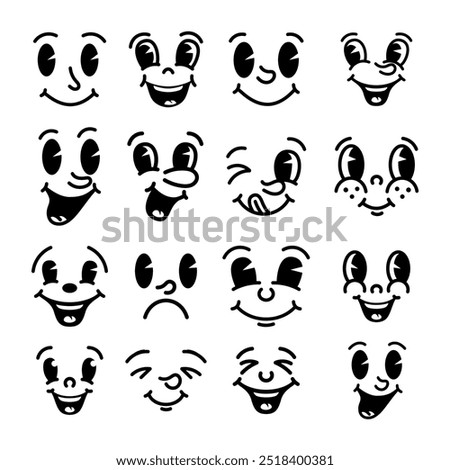 Set of cartoon faces, funny characters. Old style animation eyes, mouth. Cartoon eyes. Comic style faces. Vector illustration