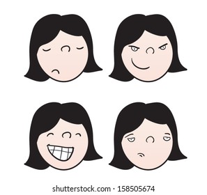 Set of cartoon faces of a girl with different expressions
