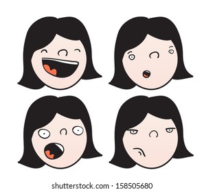 Set of cartoon faces of a girl with different expressions