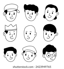 conjunto de caras de dibujos animados. Un conjunto de caras de personas dibujadas a mano. Perfecto para los medios sociales, avatares. Colección de iconos en blanco y negro de moda
