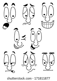 Set of cartoon faces with long eyes and different expressions