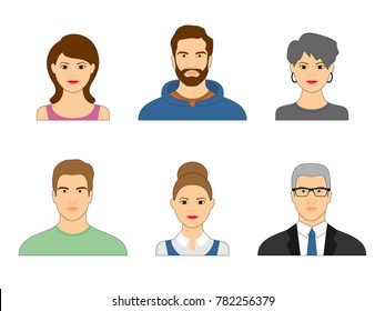 Set of cartoon faces of men and women for avatar. Collection of male and female faces on isolated background.