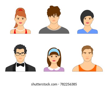 Set of cartoon faces of men and women for avatar. Collection of male and female faces on isolated background.