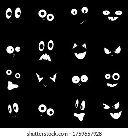 Set of cartoon faces on a black background. Different emotions for the constructor for Halloween: joy, curiosity, fear, surprise, horror, fun, sadness, happiness.