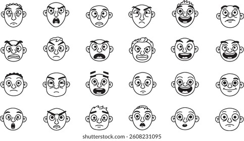 a set of cartoon faces with various expressions, perfect for design, illustration, and character creation