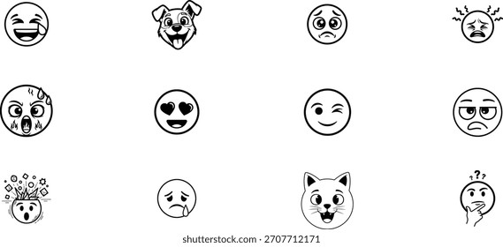 Set of cartoon faces with various expressions isolated on transparent background silhouette