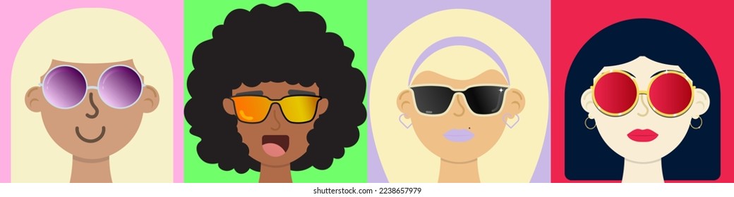Set of Cartoon Faces Wearing Sunglasses. Men and women wearing glasses. Vector Illustration. EPS 10.
