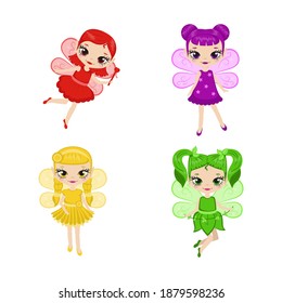 Set of cartoon fairies characters. Fairy creatures with sparkly wings. Fairies in four colors - red, yellow, green, purple. Vector illustration.