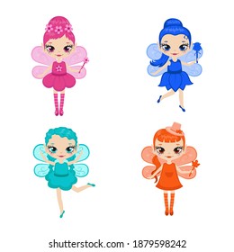Set of cartoon fairies characters. Fairy creatures with sparkly wings. Fairies in four colors - pink, blue, orange, dark blue. Vector illustration.