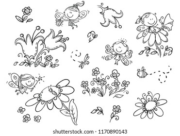 Set of cartoon fairies,insects, flowers and elements, vector graphics, black and white