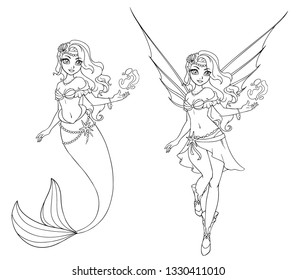 Set of cartoon fairy and mermaid. Outlined for coloring book isolated on a white background. Hand drawn doodle illustration. 