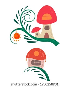 Set of cartoon fairy tale porcini houses on a liana with lanterns for fairies and gnomes on a white background. A fabulous home for little creatures. Vector flat illustration for postcards, banners