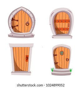 Set of cartoon fairy-tale wooden doors. Magical fantasy doors from wood