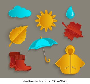 Set of cartoon fall autumn objects sun, cloud, rain drop, raincoat, umbrella, boots, leaves, flat vector illustration isolated on white background. Set of flat style cartoon fall, autumn objects