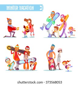 Set of cartoon families with various winter activities:people with snowboards,skies,figure skating. Vector illustration isolated on white