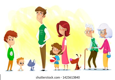 Set of cartoon family: father, mother, brother, sister, grandmother, grandfather, infant and pets. Vector 