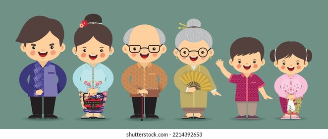 Conjunto de caricaturas de la familia usando ropa peranakan y camisa de batik. Diseño plano de la cultura Nyonya. Padre, madre, abuelo, abuela, hermano y hermana.