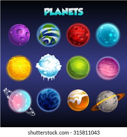 Set of cartoon fantastic planets