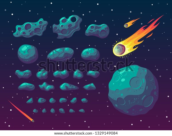 Set of\
cartoon fantasy asteroids and meteorites different forms and sizes\
on space background. Vector\
illustration.