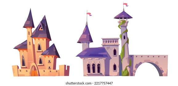 Set of cartoon fantasy castles isolated on white background. Vector illustration of fairytale palace with stone fortress and high towers. Medieval kingdom building. Game ui or book design elements