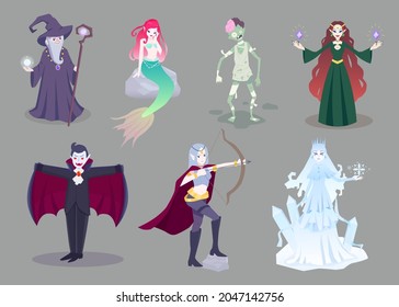 Set of cartoon fantasy characters. Wizard, mermaid, zombie, witch, vampire, archer, ice queen. Isolated characters for RPG game, fairy tale story. Vector illustration EPS 10