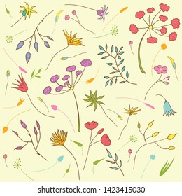 Set of cartoon and fantasy flowers and leaves. The collection of bright color elements is hand-painted for design, postcards, colorings, textiles and printing. You can replace the background any color