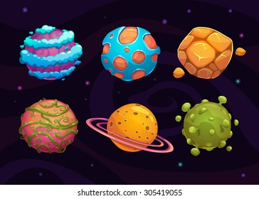 Set of cartoon fantasy planet on space background
