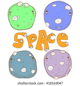 Set of cartoon fantasy planet on space background