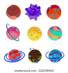 Set of cartoon fantasy planets and asteroids Vector Illustration