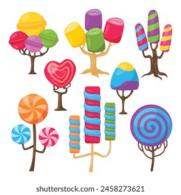 Set of Cartoon fantasy sweet land caramel trees. Fantasy nature, game design sweet candy landscape vector illustration set. caramel, ice cream and marshmallow trees. Fantasy caramel tree and candy.