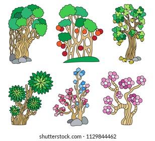 Set of cartoon fantasy vector hand drawn abstract trees