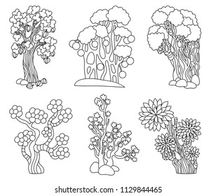 Set of cartoon fantasy vector hand drawn abstract trees