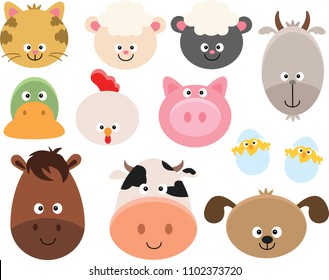 Set Of Cartoon Farm Animal Faces Clipart.